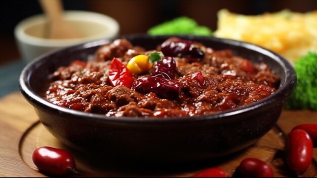 Prato mexicano tradicional chili con carne com carne picada e feijão vermelho Generative AI