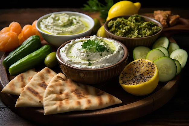 Prato Meze Grego com Tzatziki e Hummus