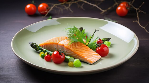 Prato pronto de salmão com aspargos e tomate cereja