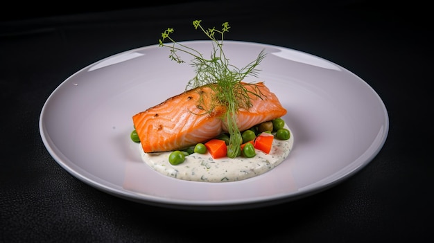 Foto prato pronto de salmão com legumes e molho