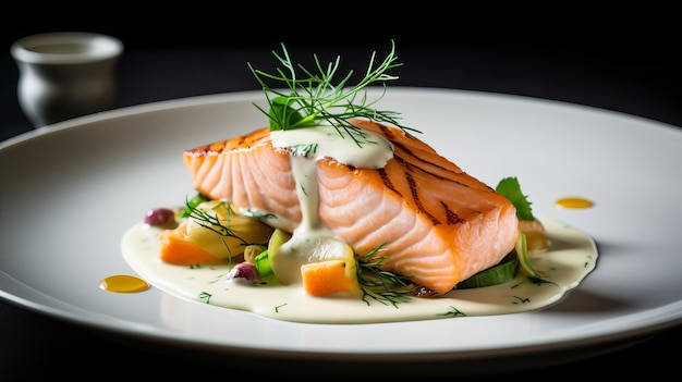 Foto prato pronto de salmão com legumes e molho