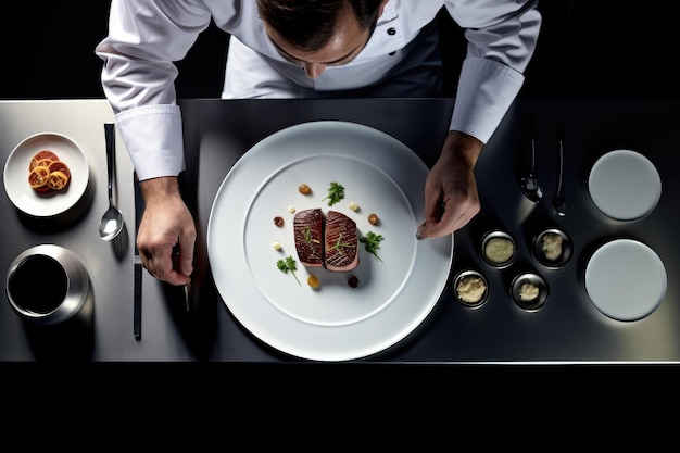 Foto prato redondo de porcelana branca colocado em uma mesa de aço inoxidável com um bife