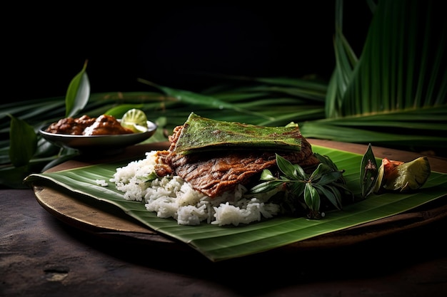 Prato Rendang autêntico com vista para o horizonte da praia tropical