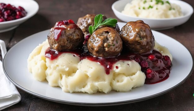 Prato servindo almôndegas suecas kottbullar em molho com puré de batatas e molho de cranberry