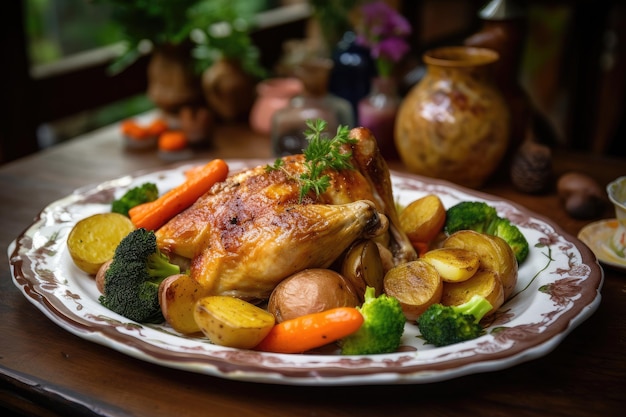 Prato suculento de frango assado, batatas e vegetais coloridos