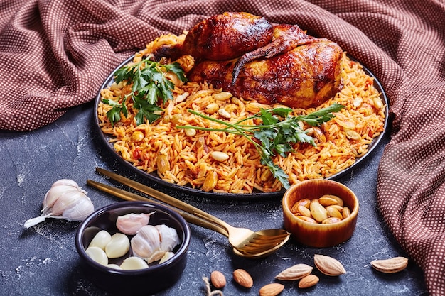 Prato tradicional da arábia saudita com frango e arroz kabsa com especiarias, amêndoas torradas, passas e alho em um prato preto