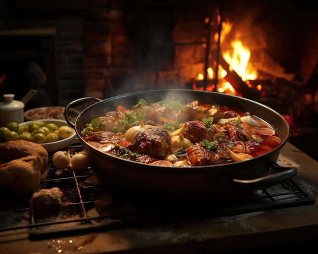 Prato tradicional de carne ensopada com legumes ensopado quente em frigideira de ferro fundido