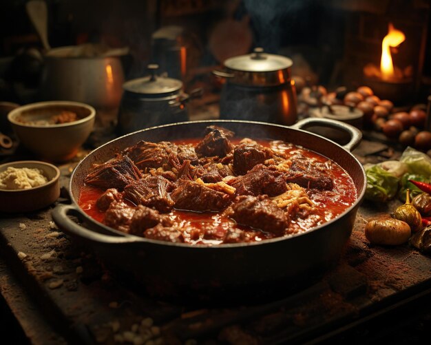 Foto prato tradicional de carne guisada com legumes, guisado quente em frigideira de ferro fundido