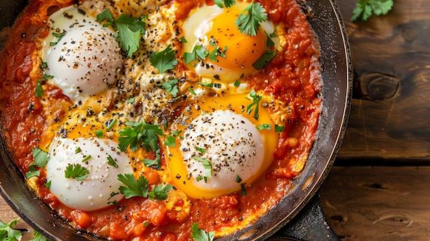 Prato tradicional de shakshuka com ovos cozidos em molho de tomate picante adornado com ervas frescas em