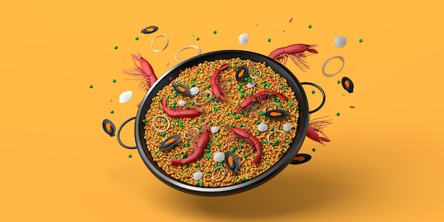Foto prato tradicional espanhol de paella de frutos do mar flutuando. copie o espaço. ilustração 3d.