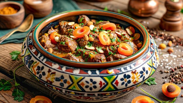 Prato tradicional marroquino Tajine com carne vegetais especiarias ervas em mesa rústica étnica
