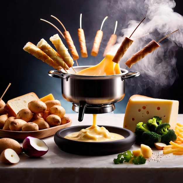 Foto prato tradicional suíço de fondue de queijo derretido mergulhado com pão e batatas fotograma alimentar dinâmico