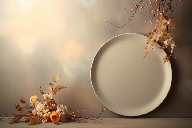 prato vazio com decorações de outono em um fundo bege no estilo da arte adesiva feminina