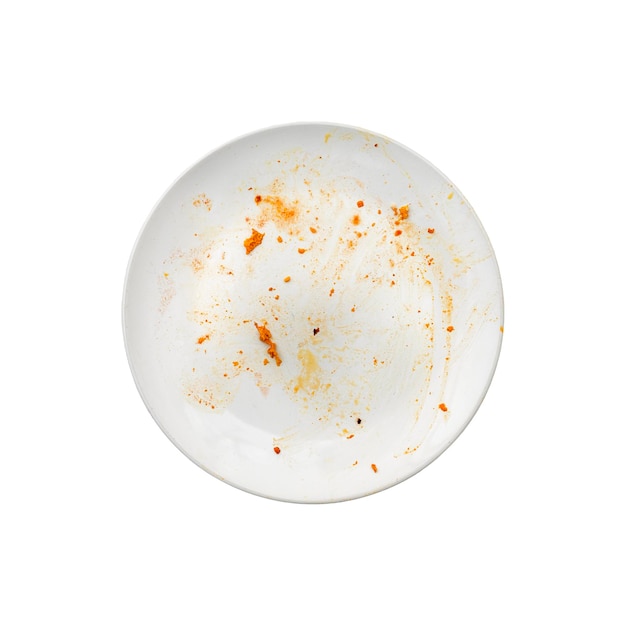 Prato vazio de ceramis branco com restos de comida molho vermelho