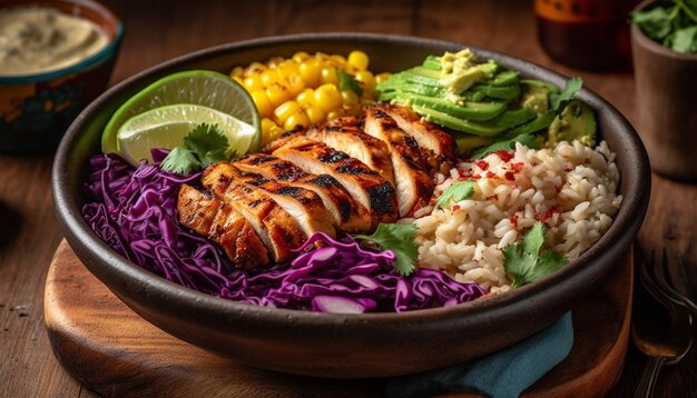 Prato vegetal de carne grelhada com salada fresca e frango cozido gerado por inteligência artificial