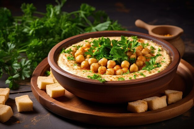 Prato vegetariano de grão de bico com croutons de homus e salsa em uma placa de madeira