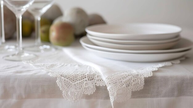 Pratos brancos e copos de vinho em uma toalha de mesa de renda O fundo está fora de foco