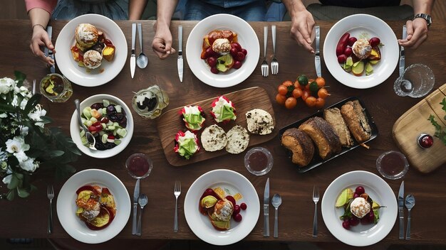 Pratos com comida variada na mesa de celebração