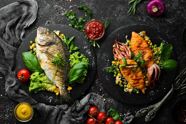 Pratos de frutos do mar Peixe dourado robalo e lula Em um fundo de pedra preta Vista superior Espaço para cópia gratuita