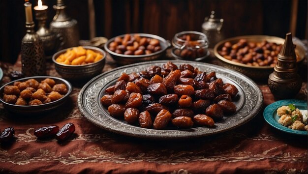 Foto pratos de iftar na mesa com tâmaras