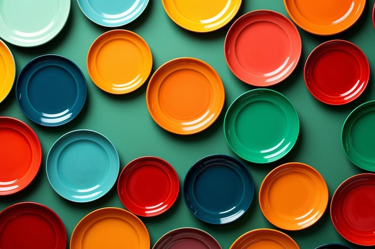 Foto pratos de jantar coloridos com fundo com espaço de texto