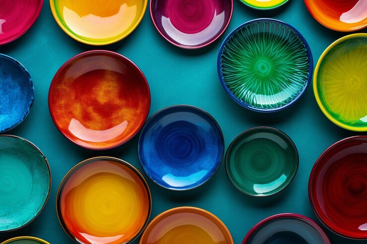Foto pratos de jantar coloridos com fundo com espaço de texto