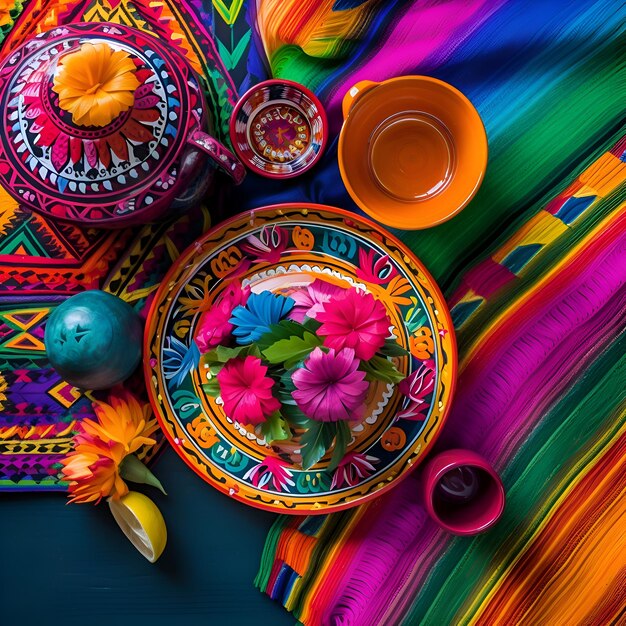 Foto pratos de mesa mexicanos coloridos em fundo colorido vista de cima