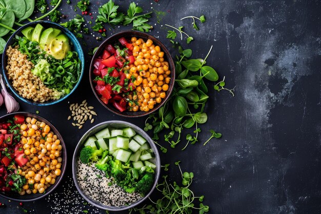 Pratos de um restaurante vegano ou vegetariano com uma vista de cima uma variedade de pratos da culinária tradicional indiana em um fundo azul