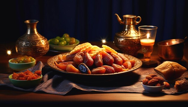 Foto pratos deliciosos do ramadan para a festa do iftar com vários alimentos e lanterna islâmica