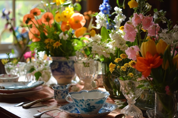 Foto pratos e flores na mesa para o jantar festivo