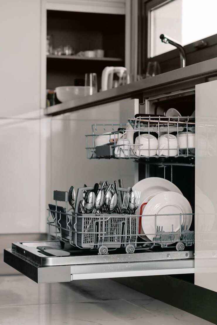 Foto pratos limpos na máquina de lavar pratos conjunto de pratos brancos canecas e colheres na cozinha moderna conceito de limpeza e organização