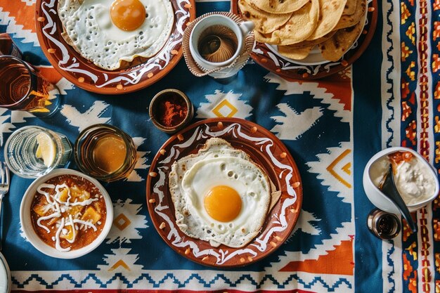 Foto pratos tradicionais mexicanos para o pequeno-almoço, como huevos rancheros e chilaquiles