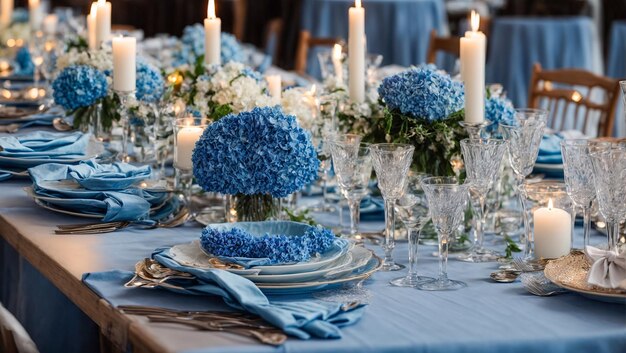 Pratos vazios copos velas na mesa com flores