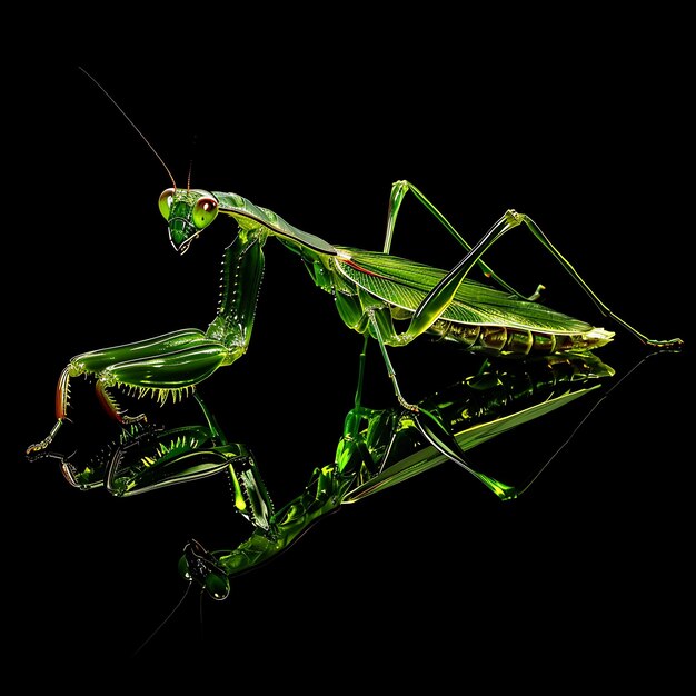 Praying Mantis mit langem Körper und Beinen, geformt aus Ölmaterie Hintergrundkunst Y2K Glowing Concept