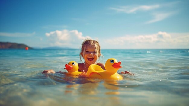 Prazer de verão para um jovem satisfeito Criança de IA generativa brincando na água com um pato de borracha e uma bola