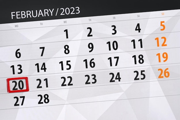 Prazo do calendário 2023 dia mês organizador da página data fevereiro segunda-feira número 20