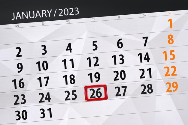 Prazo do calendário 2023 dia mês organizador da página data janeiro quinta-feira número 26