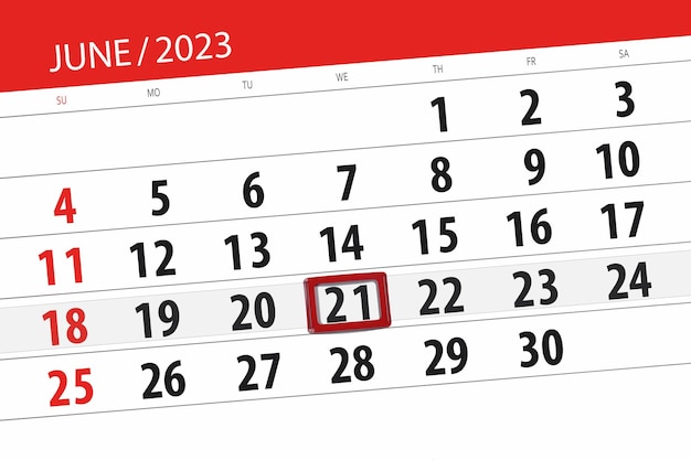 Prazo do calendário 2023 dia mês organizador da página data junho quarta-feira número 21