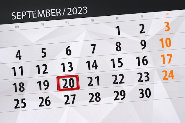 Prazo do calendário 2023 dia mês organizador da página data setembro quarta-feira número 20