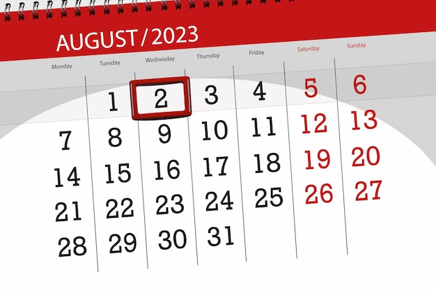 Prazo do calendário 2023, dia, mês, página, organizador, data, agosto, quarta-feira, número 2