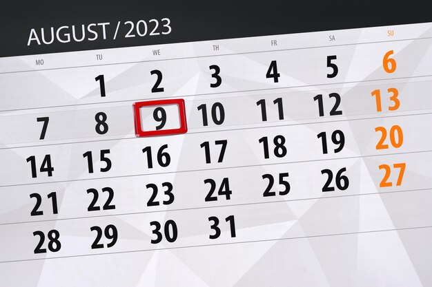 Prazo do calendário 2023, dia, mês, página, organizador, data, agosto, quarta-feira, número 9