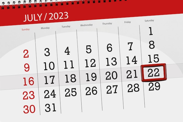 Prazo do calendário 2023, dia, mês, página, organizador, data, julho, sábado, número 22