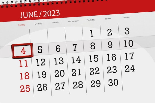 Prazo do calendário 2023, dia, mês, página, organizador, data, junho, domingo, número 4