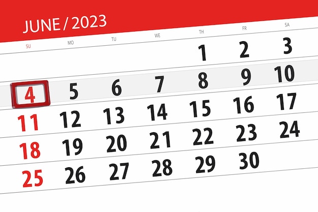 Prazo do calendário 2023, dia, mês, página, organizador, data, junho, domingo, número 4