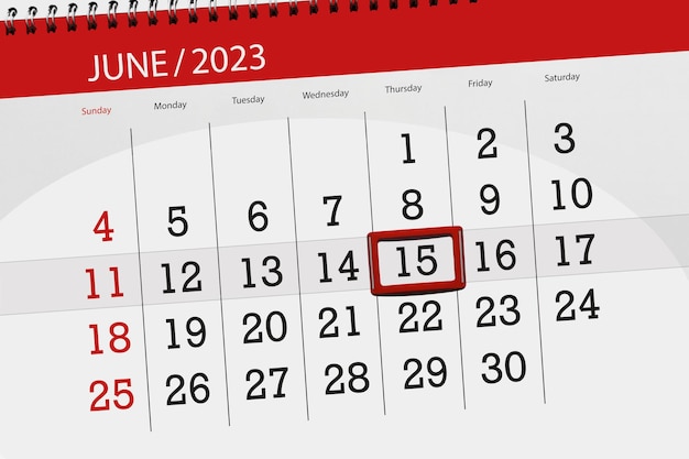 Prazo do calendário 2023, dia, mês, página, organizador, data, junho, quinta-feira, número 15