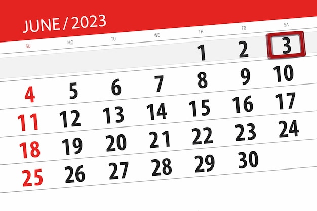 Prazo do calendário 2023, dia, mês, página, organizador, data, junho, sábado, número 3