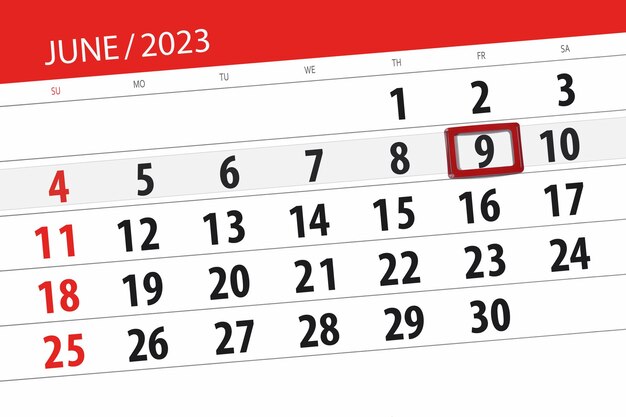 Prazo do calendário 2023, dia, mês, página, organizador, data, junho, sexta-feira, número 9