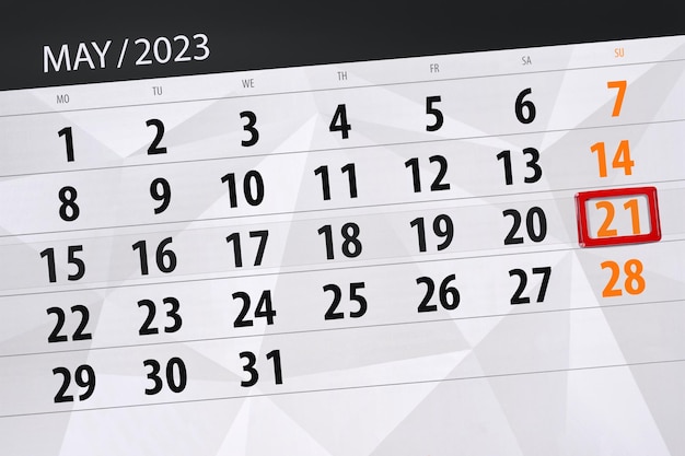 Prazo do calendário 2023, dia, mês, página, organizador, data, maio, domingo, número 21