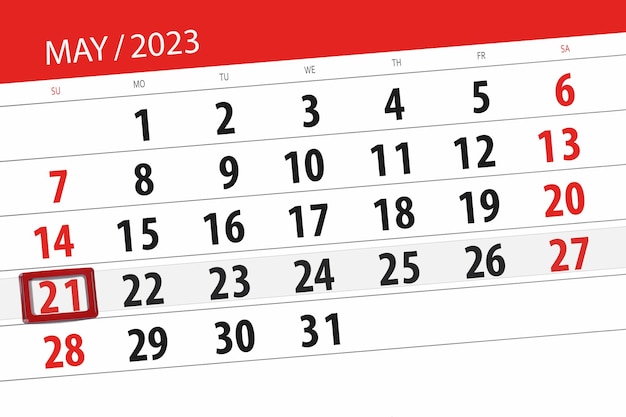 Prazo do calendário 2023, dia, mês, página, organizador, data, maio, domingo, número 21