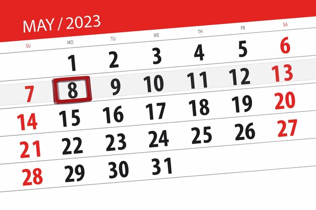Prazo do calendário 2023, dia, mês, página, organizador, data, maio, segunda-feira, número 8